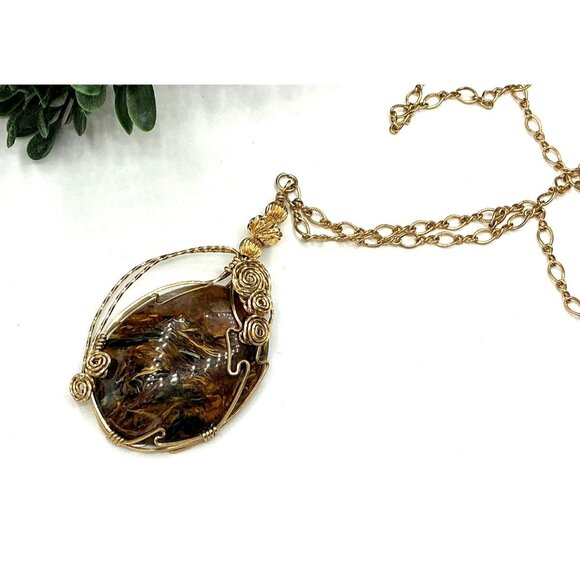 Gold 14kt GF Wire Wrapped Pietersite Pendant Artisan Handmade Gemstone Necklace - Picture 1 of 9